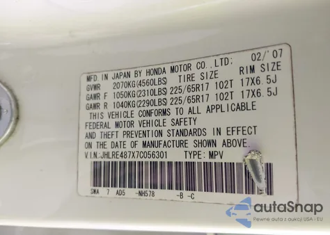 2007 Honda Cr-V Ex-L from USA, damaged, VIN JHLRE487X7C056301